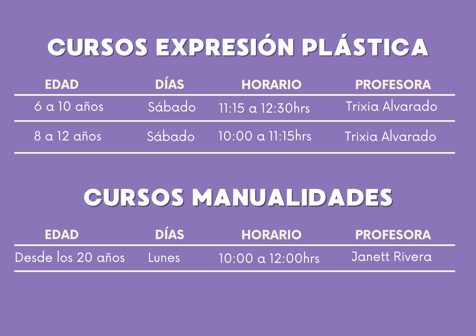 Horarios de clases de expresión plástica - Espacio Arte